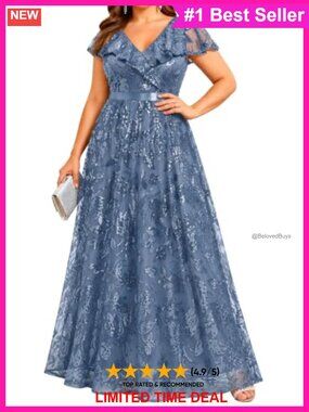 Plus Size Sequin Formal Dress V-Neck Flutter Sleeve Empire Waist Maxi Gown